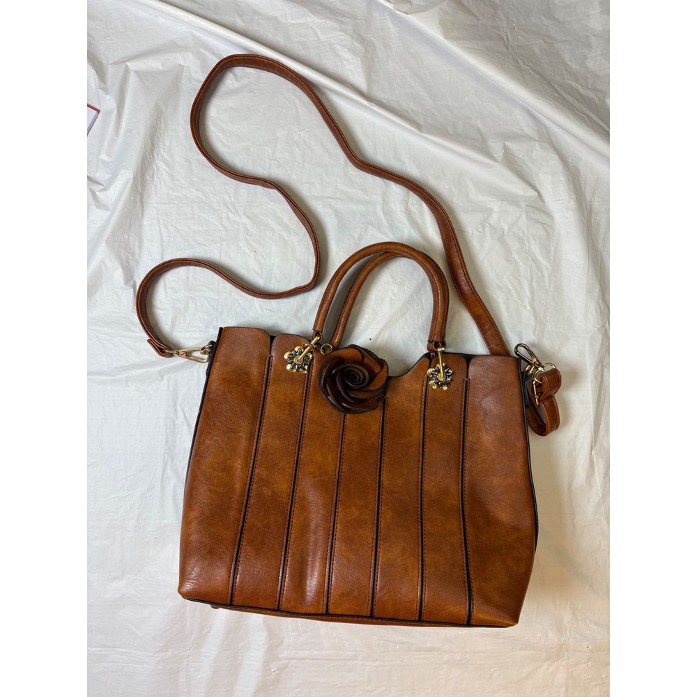 Rofozzi Classic Brown Faux Leather Tote Satchel‎ Bag Rose Accent Crossbody Strap